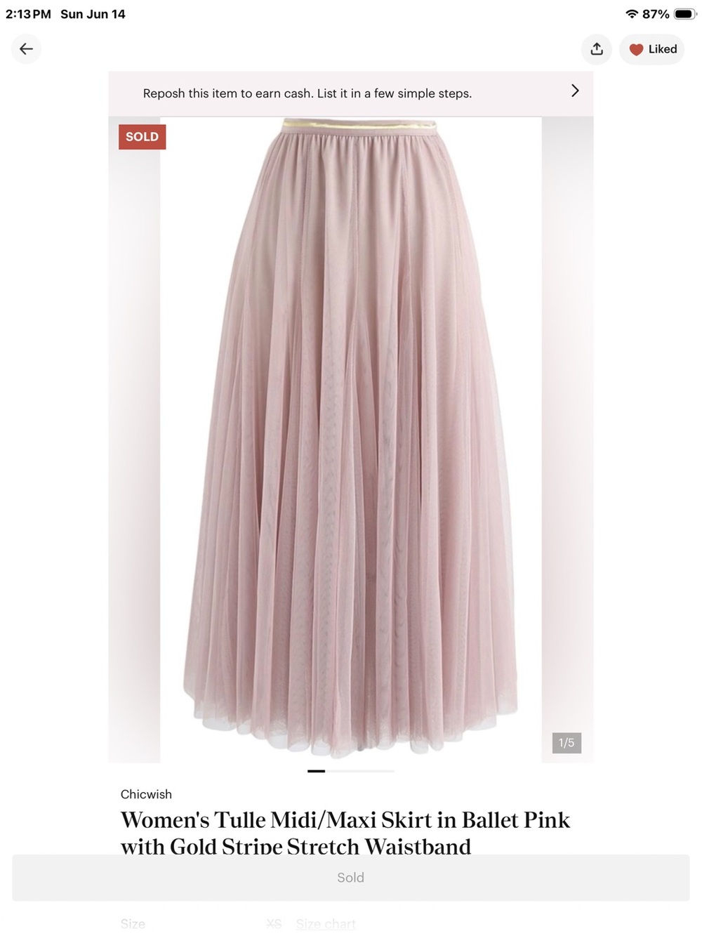 Women's Tulle Midi/Maxi Skirt in Ballet Pink with Gold Stripe Stretch Waistband
